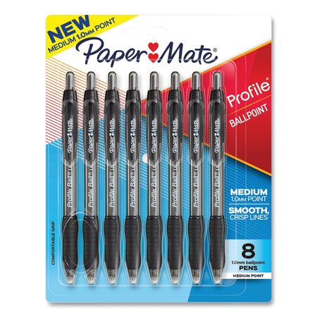 Profile Ballpoint Pen, Retractable, Medium 1 mm, Black Ink, Translucent Black Barrel, PK8, 8PK -  PAPER MATE, 2095460